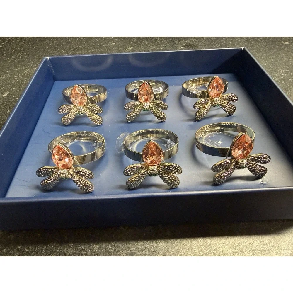 Joy by Joanna‎ Buchanan Dragonfly Jeweled Napkin Rings Set of 6 Pink Crystal Box